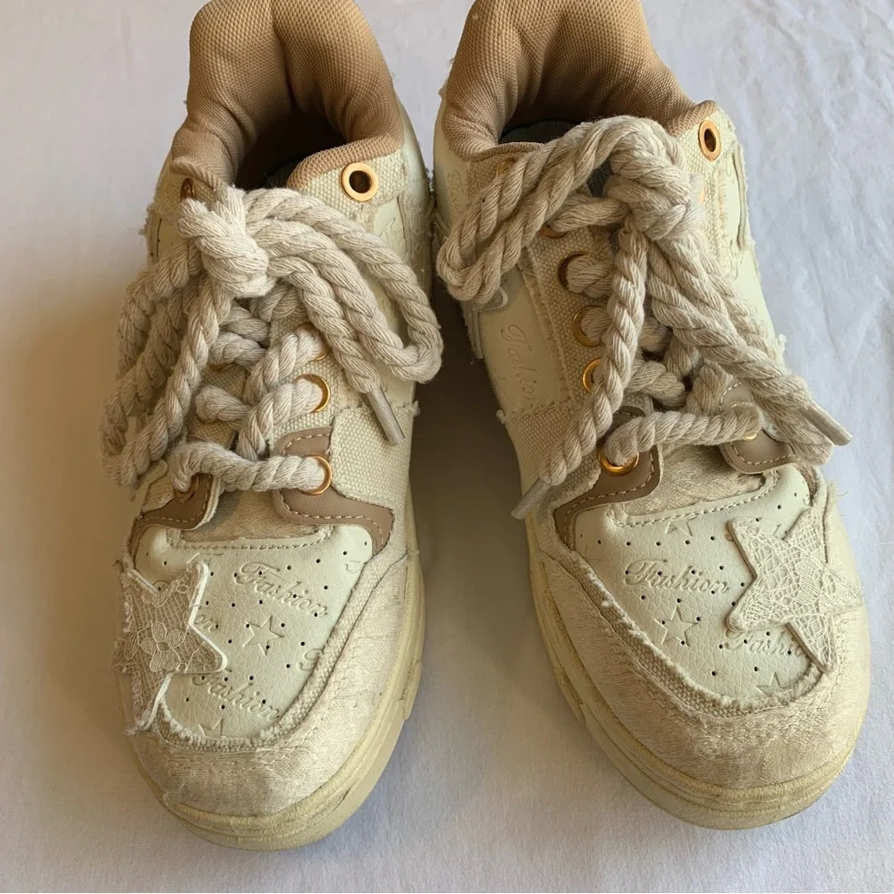 Fashion Sport Cream Star Lace Applique Rope Lace‎ Sneakers Size 37